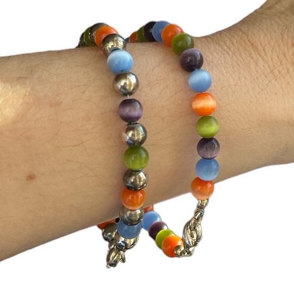 Pair of Multi-Colored Moonglow Beaded and Silver Tone Lobster Claw Bracelets - Picture 1 of 6